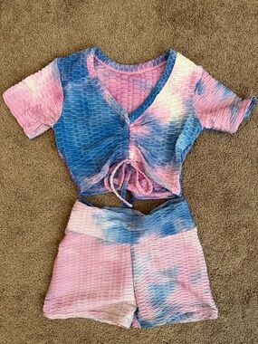 Tie-Dye Pink & Blue Kids Ribbed Shorts - Crop Set